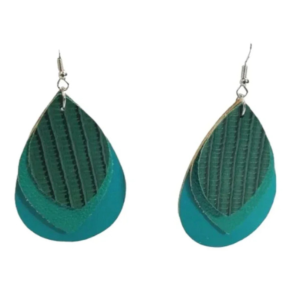 3 Layer Teal/Green Faux Leather Dangle Chic Lightweight Earrings 3t9 - Picture 2 of 6